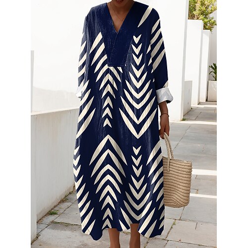 Damen Midi Kleid V-Ausschnitt Lange Ärmel Kaftan Leicht Lockerer Schnitt A-Linien Kleid Lässig Täglich Grafisch Geometrisch Lange Ärmel V-Ausschnitt Marineblau Gelb Grün Beige Herbst Image