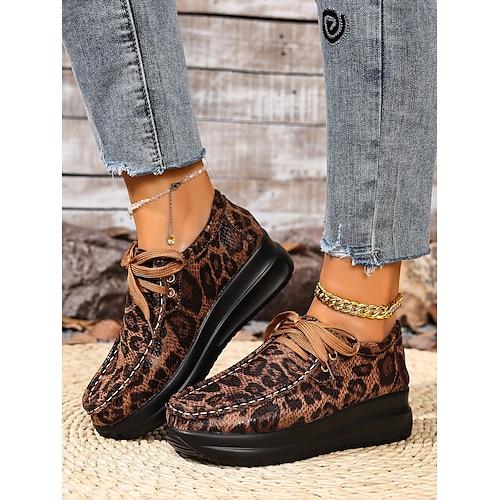Damen Sneaker Plattform-Sneaker Täglich Leopard Schnürung Flacher Absatz Runde Zehe Lässig Kunstleder Schnürung Braun Grau