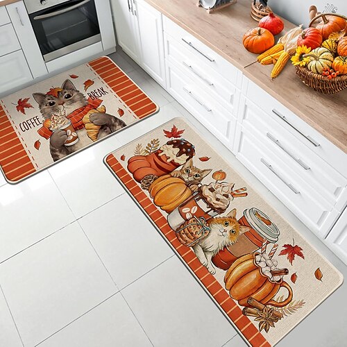 Herbstliches Kürbis-Leinenmatten-Set - saugfähige, ölbeständige Küchen- und Eingangstürmatten, 2-teiliges Set für Thanksgiving Image
