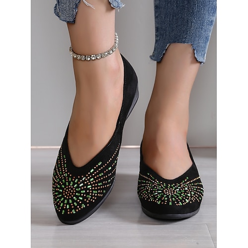 schwarze flache Schuhe aus Wildlederimitat für Damen – bequeme Slipper mit Strass-Details, trendiges Freizeitschuhwerk Image
