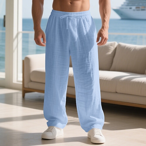 Herren Leinenhosen Hose Sommerhose Baggy-Hosen Strandhose Kordelzug Elastischer Bund Gerader Schnitt Einfach Komfort Atmungsaktiv Volle Länge Heim Täglich Ferien Urlaub Mode Schwarz Weiß Unelastisch Image