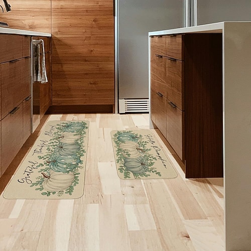 Herbstliches Kürbis-Leinenmatten-Set - saugfähige, ölbeständige Küchen- und Eingangstürmatten, 2-teiliges Set für Thanksgiving Image