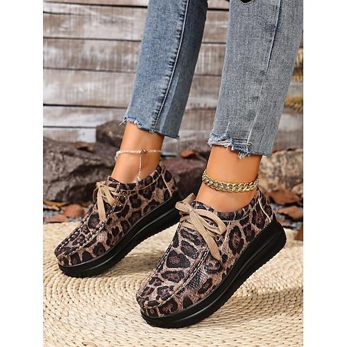 Damen Sneaker Plattform-Sneaker Täglich Leopard Schnürung Flacher Absatz Runde Zehe Lässig Kunstleder Schnürung Braun Grau