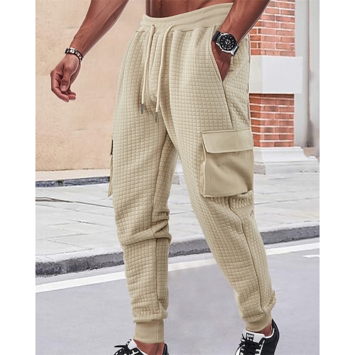 Herren Jogginghose Hose Cargo-Jogginghose Waffelhose Elastischer Bund Kordelzug Mehrere Taschen Einfach Komfort Sport im Freien Täglich Mode Lässig Schwarz Weiß Mikroelastisch Image