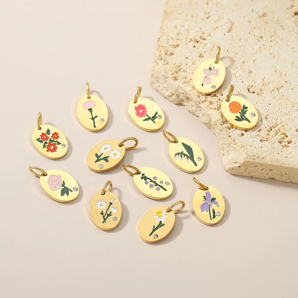 Neue Mode Edelstahl 12 Monate Geburt Blumen Design vergoldet Halskette Anhänger für Frauen DIY Schmuck Halskette Herstellung Image