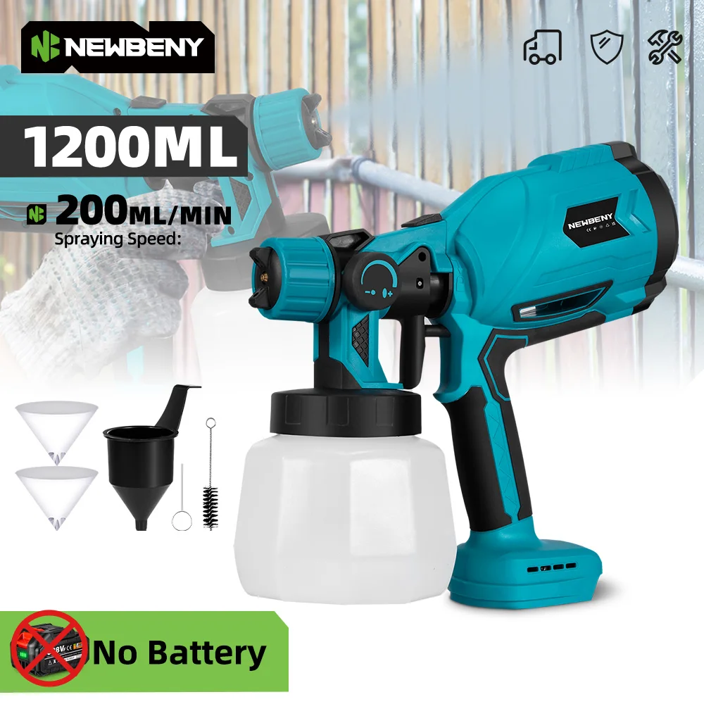 NEWBENY 1200ML Elektrische Spritzpistole Cordless HVLP Farbspritzgerät Auto Möbel Beschichtung Airbrush Power Tool Für Makita Batterie Pin Image
