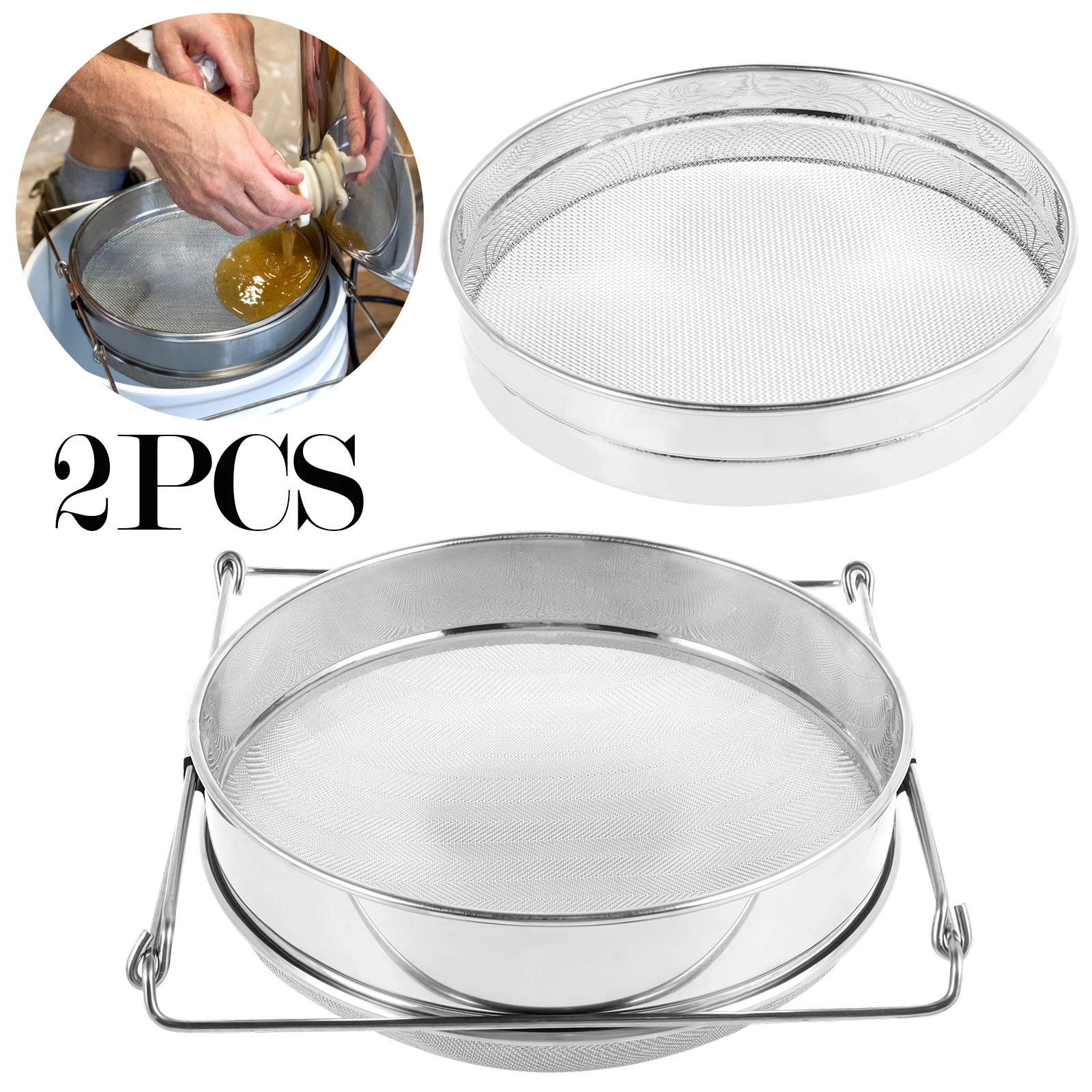 Doppeltes Sieb-Honigsieb mit ausziehbaren Armen, Honiggeflecht-Sieb aus Edelstahl, effizientes Doppelgeflecht-Sieb, wiederverwendbar, doppelt Image