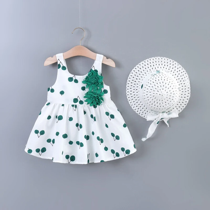 Baby Mädchen Kleid Sommer Neue Frische Ärmelloses Kleid Mit Einfarbig Drucken Zwei Blumen Kirsch Rock Und Hut Im Lieferumfang enthalten Image