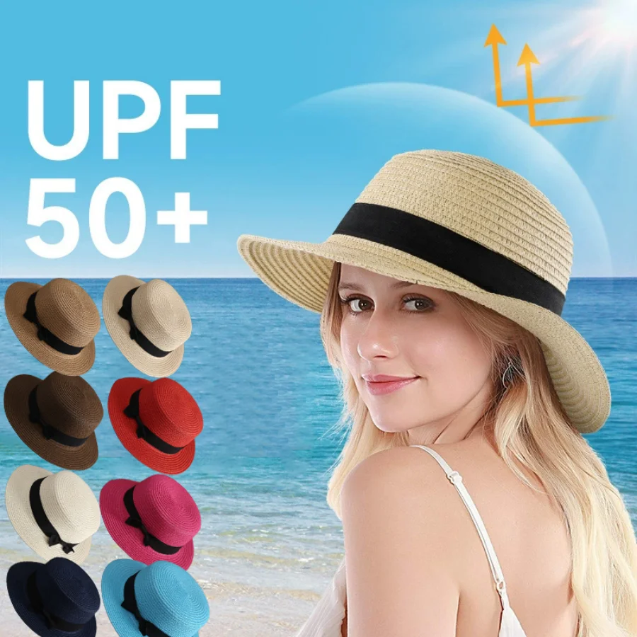 1pc Panama Einfache Sommer Strand Hut Weibliche Casual Dame Frauen Flache Krempe Bowknot Stroh Kappe Mädchen Sonnenhut Chapeu feminino Image