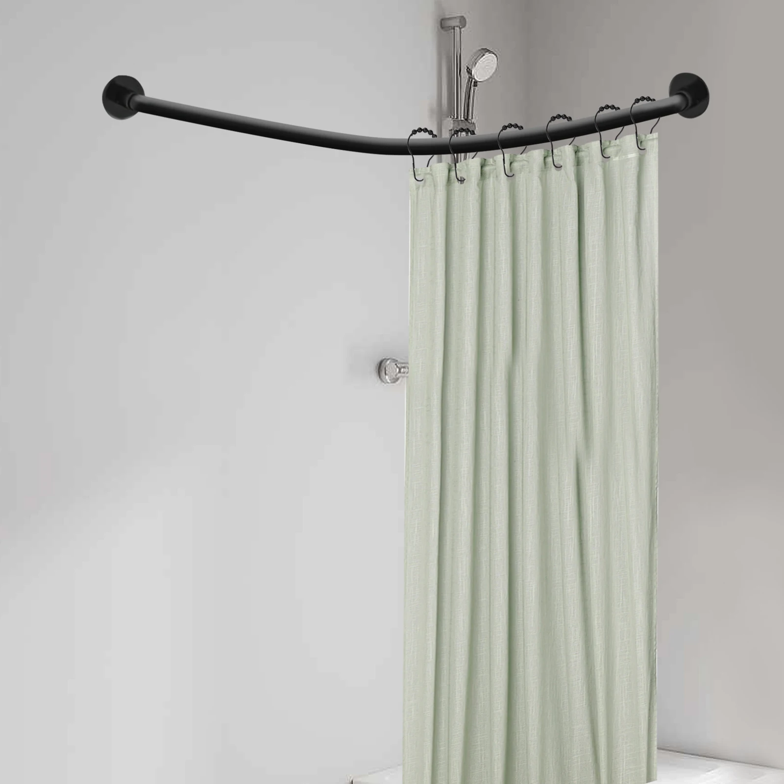 Binario per tende da doccia a forma di L senza foratura Binario per doccia angolare per vasca da bagno Asta telescopica in acciaio inossidabile con anelli per tende da doccia