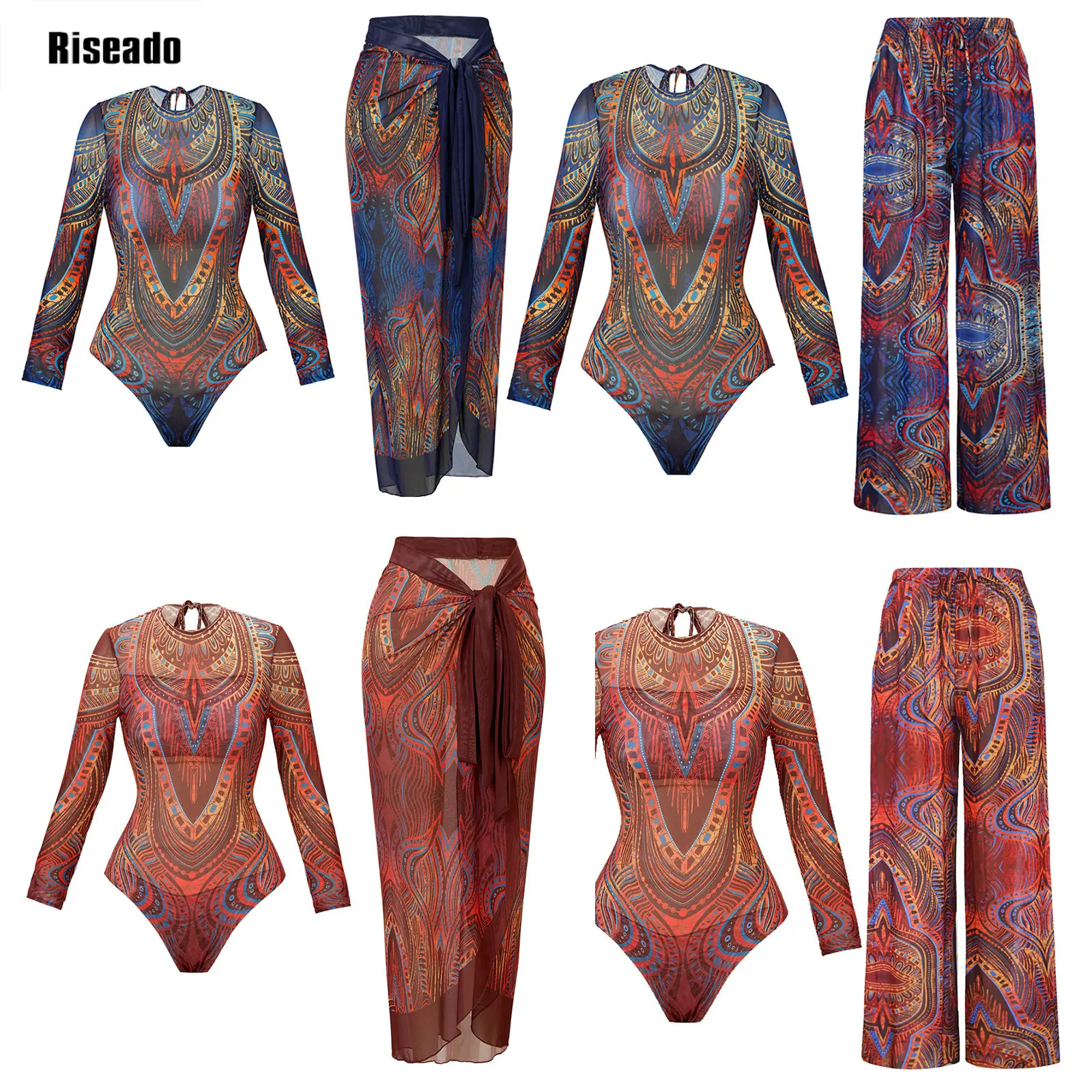 Netz-Badeanzug mit langem Badekleid, langärmelige Netz-Strandbekleidung, sexy Badeanzug mit hoher Taille und Rock, intelligente Strandkleidung Image