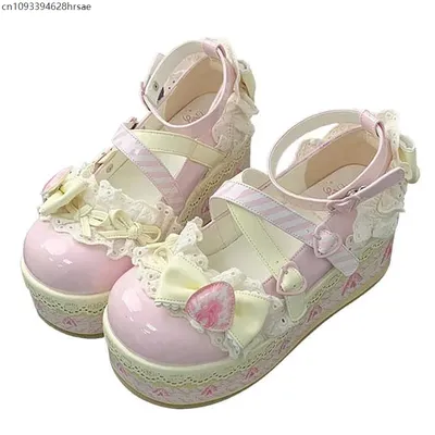 2025, süße Mädchen-Lolita-Flachplattform, Studentinnen, Spitze, Erdbeer-Bowknots, niedliche Mary Jane-Aufzugsschuhe Image