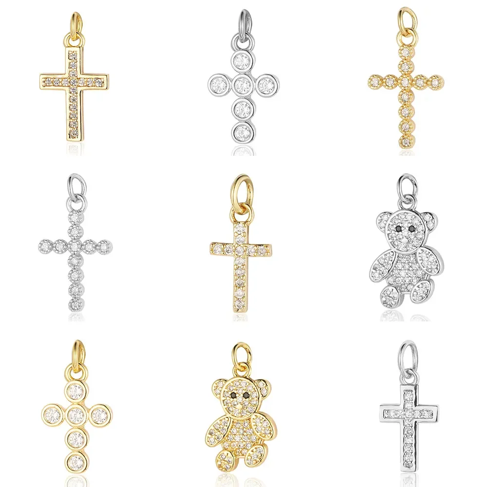 5 Stück/Set 2 Farben Religiöser Böser Blick Kupfer Zirkon DIY Schmuckanhänger Großhandel Kreuz Bär CZ Charms für Halsketten- und Ohrringherstellung Image