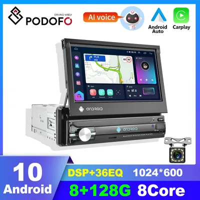 Podofo 1 DIN Android 10 Autoradio Carplay Universal 7'' Retractable Screen MP5 Player Auto Radio Stereo GPS Receiver BT