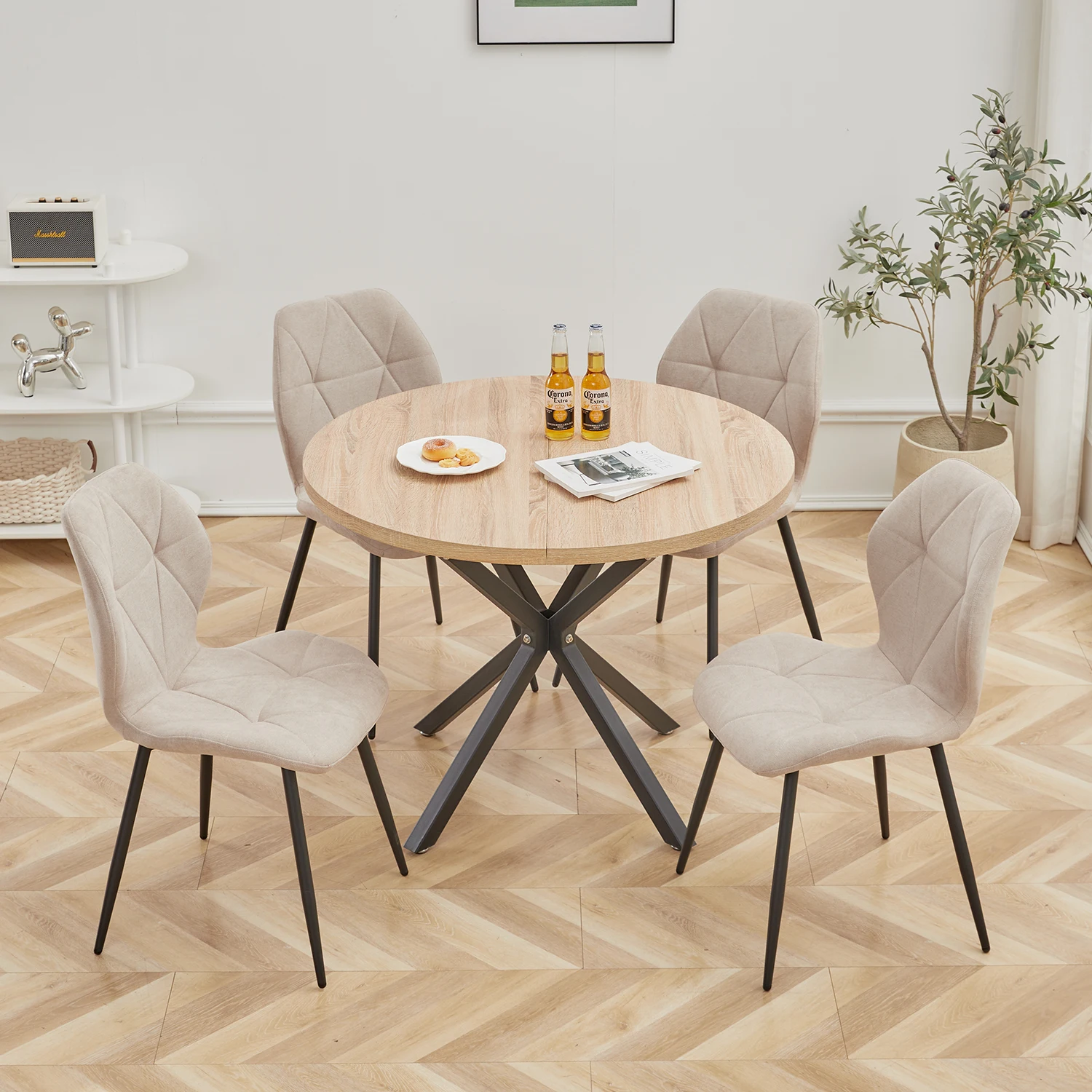 4-teilige Esszimmerstühle + runder Esstisch, modernes rundes Esstisch-Set mit gepolsterten Stühlen, für den Familien- und Cafégebrauch