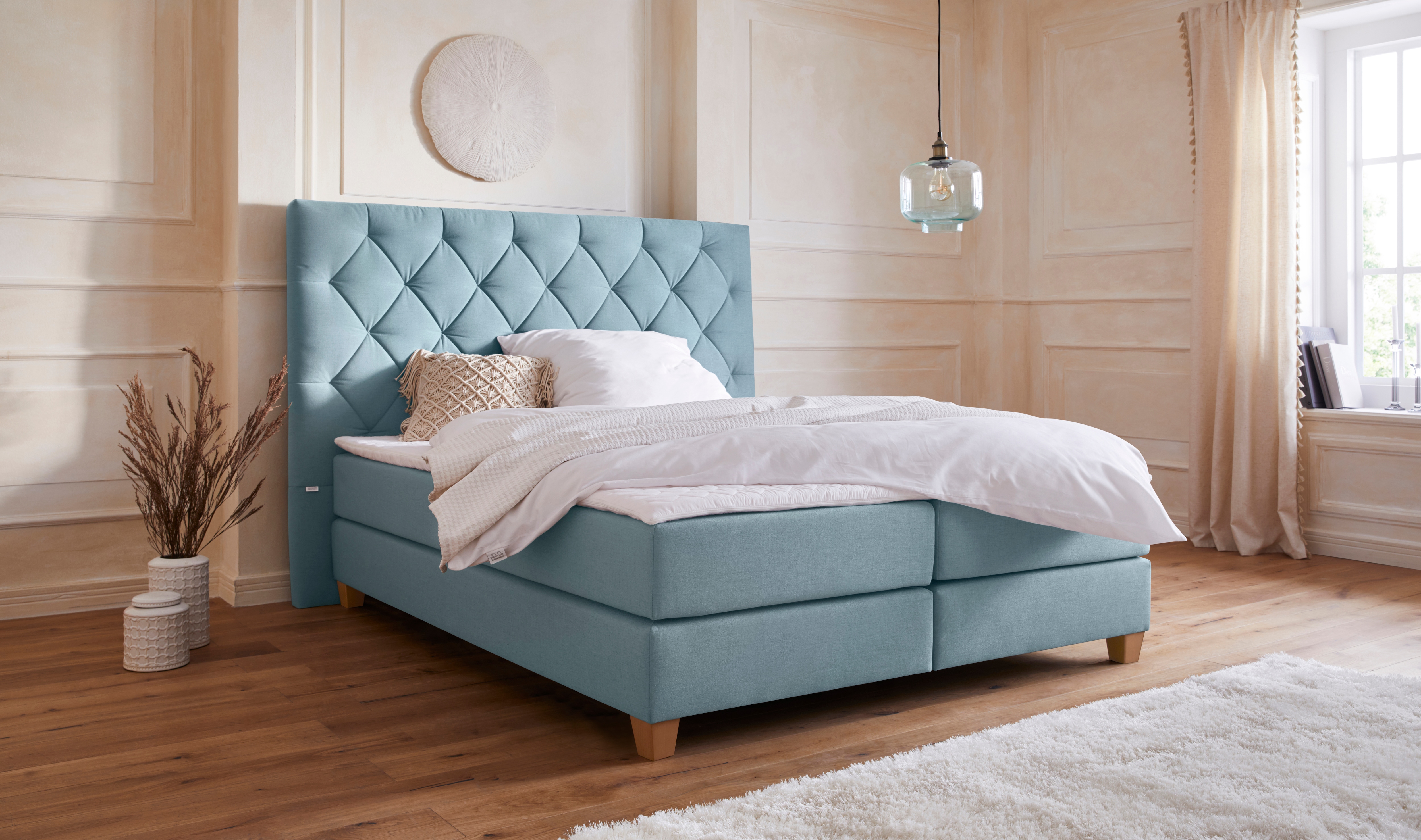 Boxspringbett HOME AFFAIRE "Harmones hoch", grün (mint), B:203cm L:210cm, Struktur (100% Polyester), Komplettbetten, Boxspringbett, in 3 Breiten, Härtegrad auch im Mix mit je 1 Matratze in H2 und H3 Image