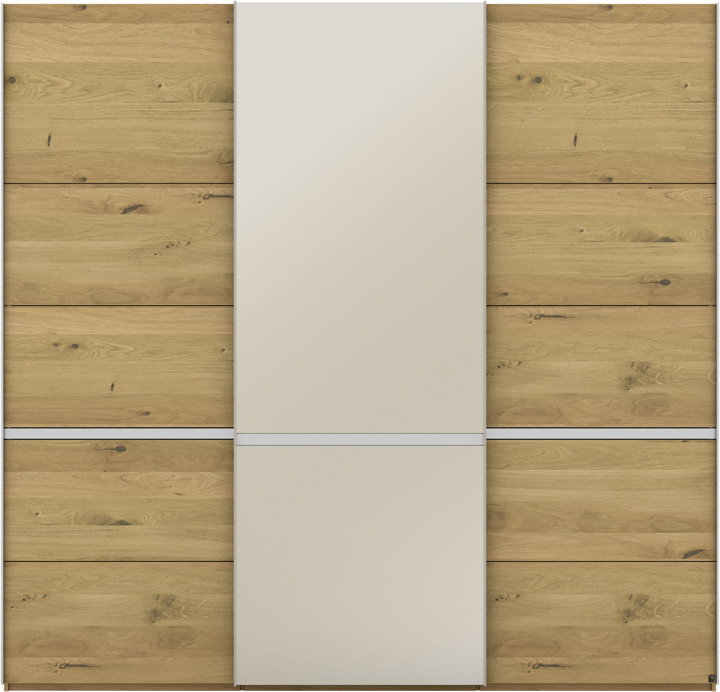 Schwebetürenschrank MUSTERRING "Savona, Kleiderschrank, Schrank, Garderobe, mit Schiebetüren", braun, B:250cm H:236cm, Schränke, Türen Bianco-Eiche massiv, Spiegel-/Glastüren, eingelegte Chromleiste