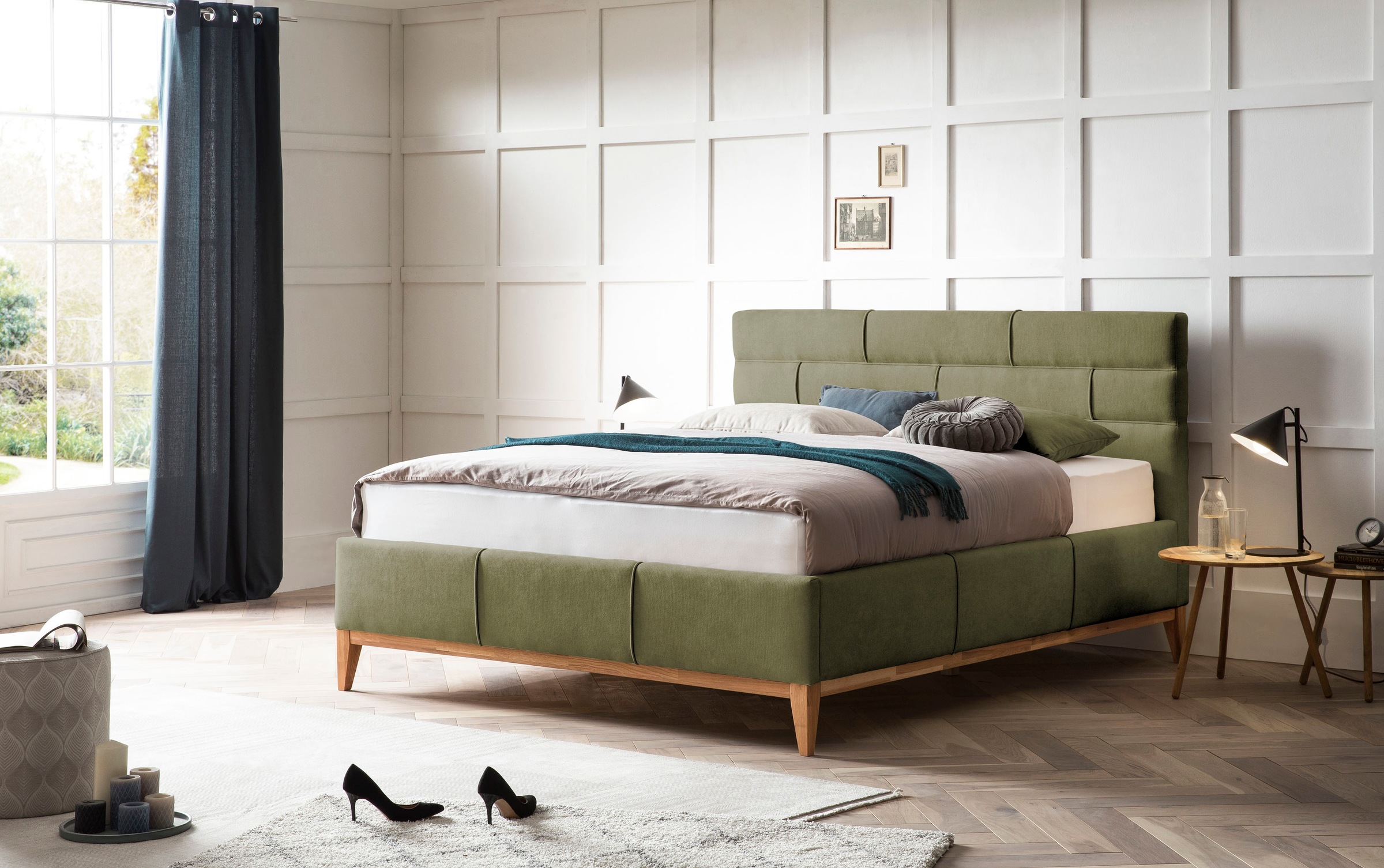 Polsterbett HOME AFFAIRE "Balaine", grün (olive), B:158cm H:120cm L:218cm, Betten, Polsterbett, mit Lattenrost, Bettkasten, auch mit 7-Zonen-Taschenfederkernmatratze