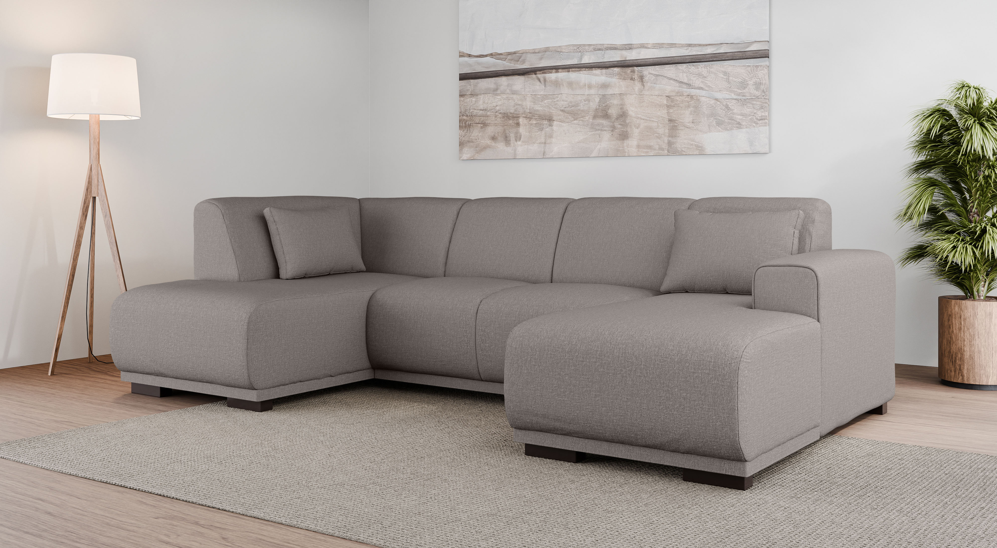 Wohnlandschaft HOME AFFAIRE "BORNHOLM U-Form mit Recamiere rechts/links, B/T/H: 300/162/85 cm", grau (taupe), B:300cm H:85cm T:162cm, 100% Polyester, Sofas, Wohnlandschaft, U-Form mit Wellenunterfederung, Recamiere rechts oder links bestellbar