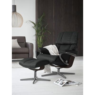 Relaxsessel STRESSLESS "Reno", schwarz (schwarz paloma), B:92cm H:100cm T:80cm, Leder PALOMA: PALOMA ist ein durchgefärbtes Semianilin-Möbelleder mit natürlicher Narbung., Sessel, mit Hocker, mit Cross Base, Größe S, M & L, Holzakzent Braun Image