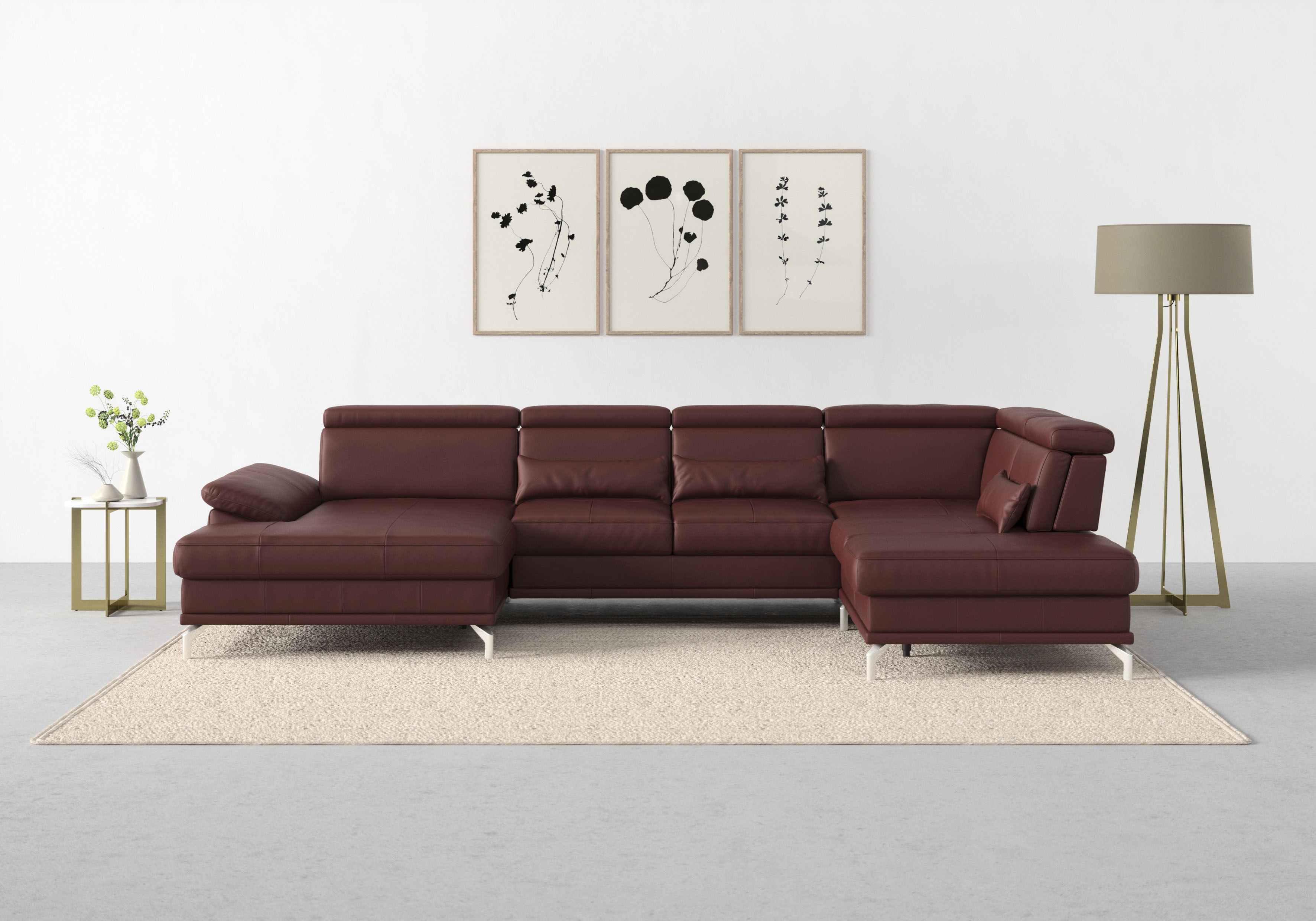 Wohnlandschaft SIT & MORE "Cabrio U-Form, B: 359 cm, mit Sitztiefen-, Arm- & Kopfteilverstellung", rot (merlot), B:359cm H:87cm T:230cm, Sofas, Wohnlandschaft, 3 Nierenkissen, Federkern, optional Bettfunktion und Stauraum Image