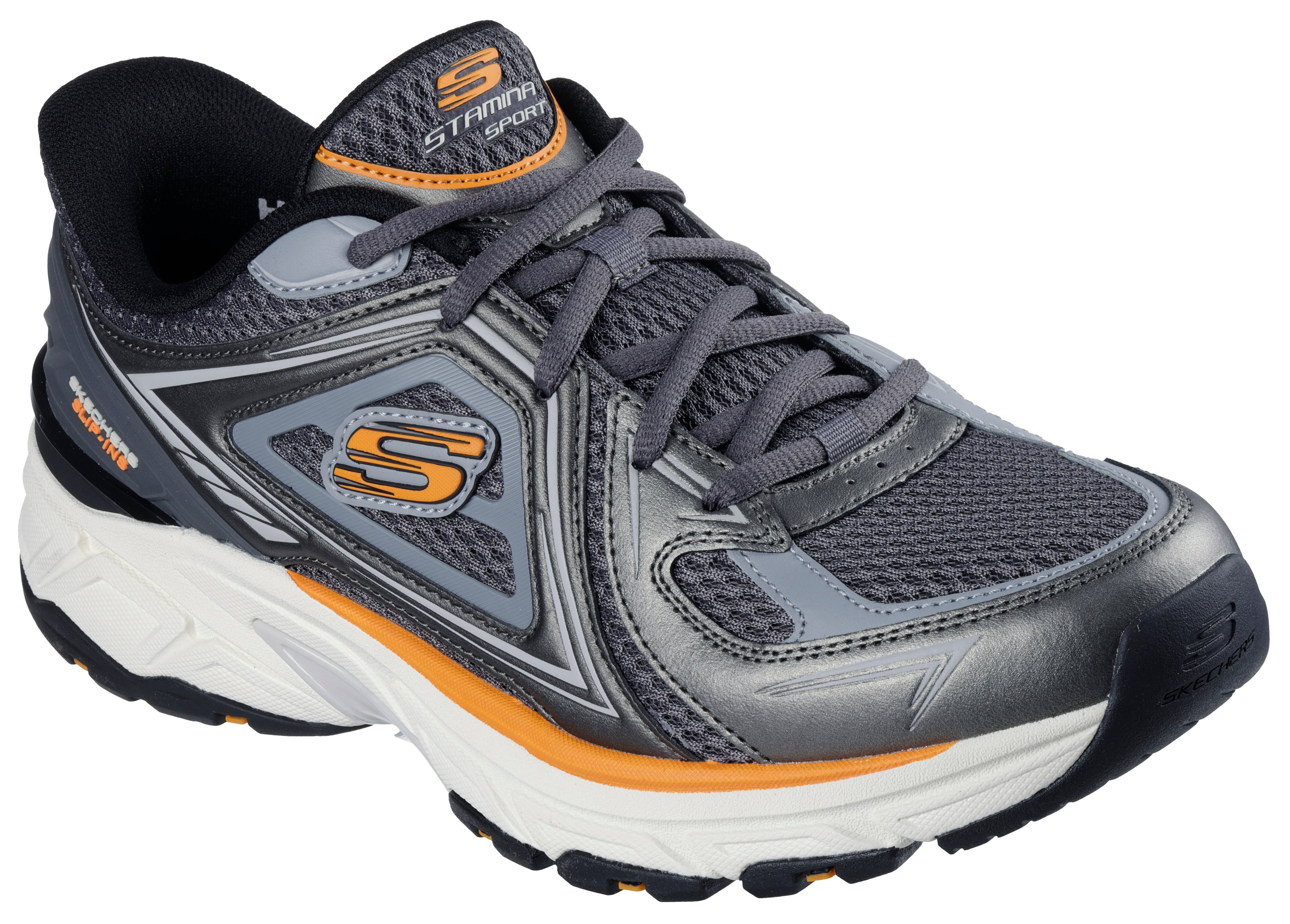 Slip-On Sneaker SKECHERS "STAMINA SPORT", Herren, Gr. 40, grau (dunkelgrau), Leder, Sportlich, Schuhe, Trainingsschuh, Retro Sneaker mit Slip-ins