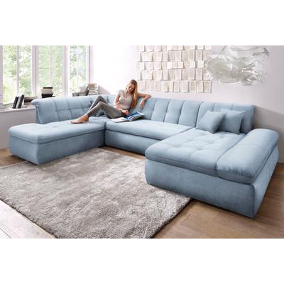 Wohnlandschaft DOMO COLLECTION "Moric Luxus incl. Zierkissen", blau (pastelblau), B:353cm H:80cm T:216cm, Chenille (85% Polyester, 15% Acryl), Sofas, U-Form, bis 140kg pro Sitzplatz belastbar, XXL B/T/H: 353/216/80 cm Image