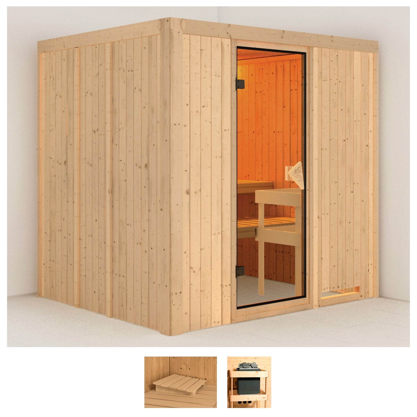 Sauna KARIBU "Dima", beige (naturbelassen), ohne Ofen, (ohne Ofen), Saunen, ohne Ofen