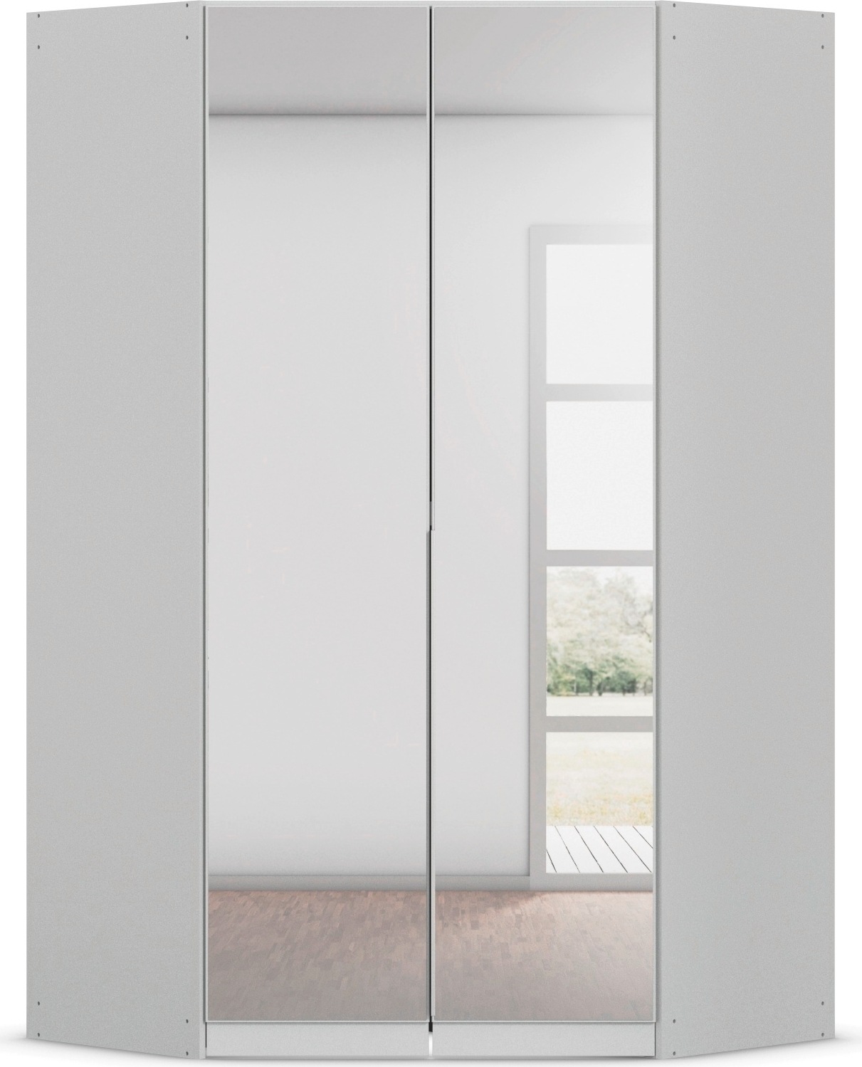 Eckkleiderschrank RAUCH "Kleiderschrank Schrank Ankleidezimmer Schlafzimmer Garderobe AGORDO", grau (seidengrau), B:117cm H:229cm T:117cm, Holzwerkstoff, Schränke, Eckkleiderschrank, mit Spiegeltüren, voll ausgestattet mit viel Stauraum MADE IN GERMANY