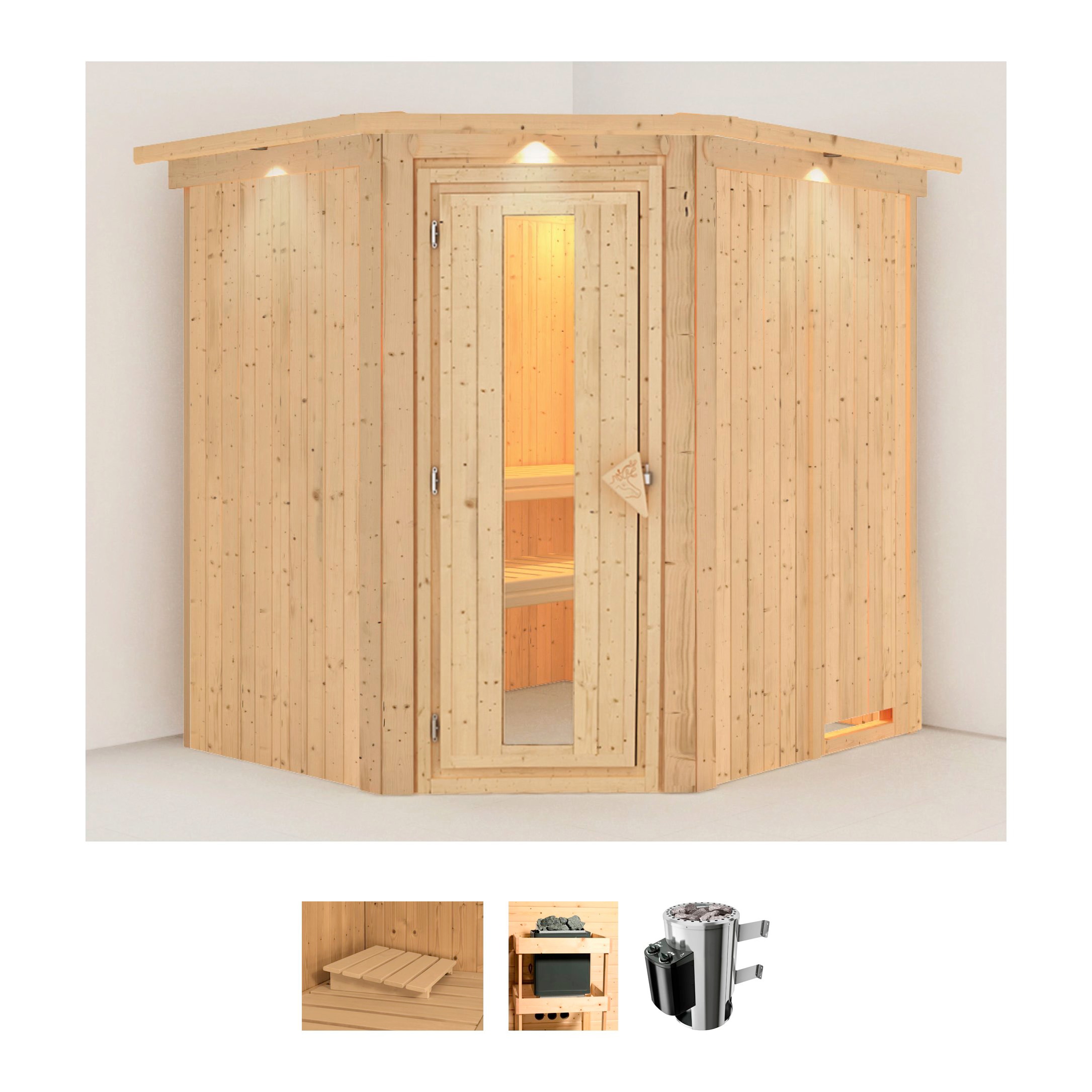 Sauna KARIBU "Laila", beige (naturbelassen), Saunaofen, integrierte Steuerung, 3,6 kW, Saunen, Ofen 3,6 kW intgr. Strg
