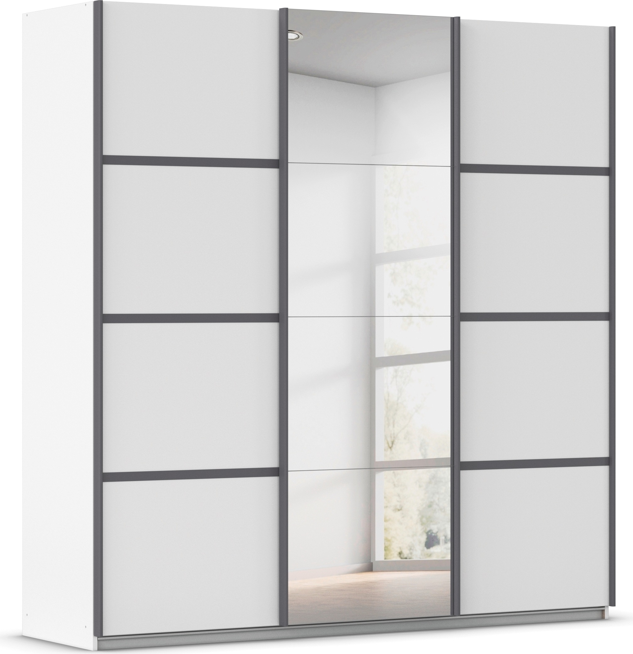 Kleiderschrank RAUCH "Schwebetürenschrank OTTO´s Choice Garderobe Schrank TOP ANGEBOT Avola", weiß (alpinweiß, leisten graumetallic), B:203cm H:229cm T:62cm, Holzwerkstoff, Schränke, Kleiderschrank, mit eleganten Zierleisten in Chrom, Schwarz oder...
