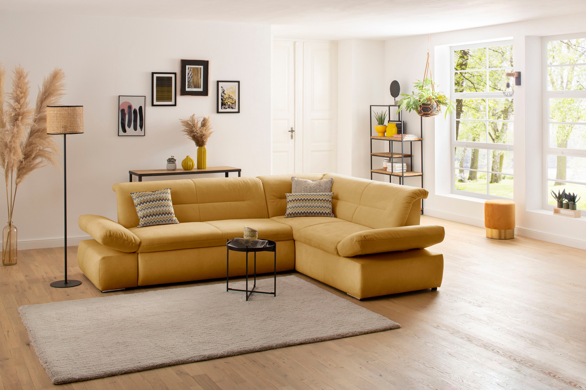 Ecksofa INOSIGN "Avesa L-Form", gelb (senf), B:275cm H:80cm T:211cm, 95% Polyester, 5% Polyacryl, Sofas, Wahlweise mit Arm- und Bettfunktion, B/T/H: 275/211/80 cm