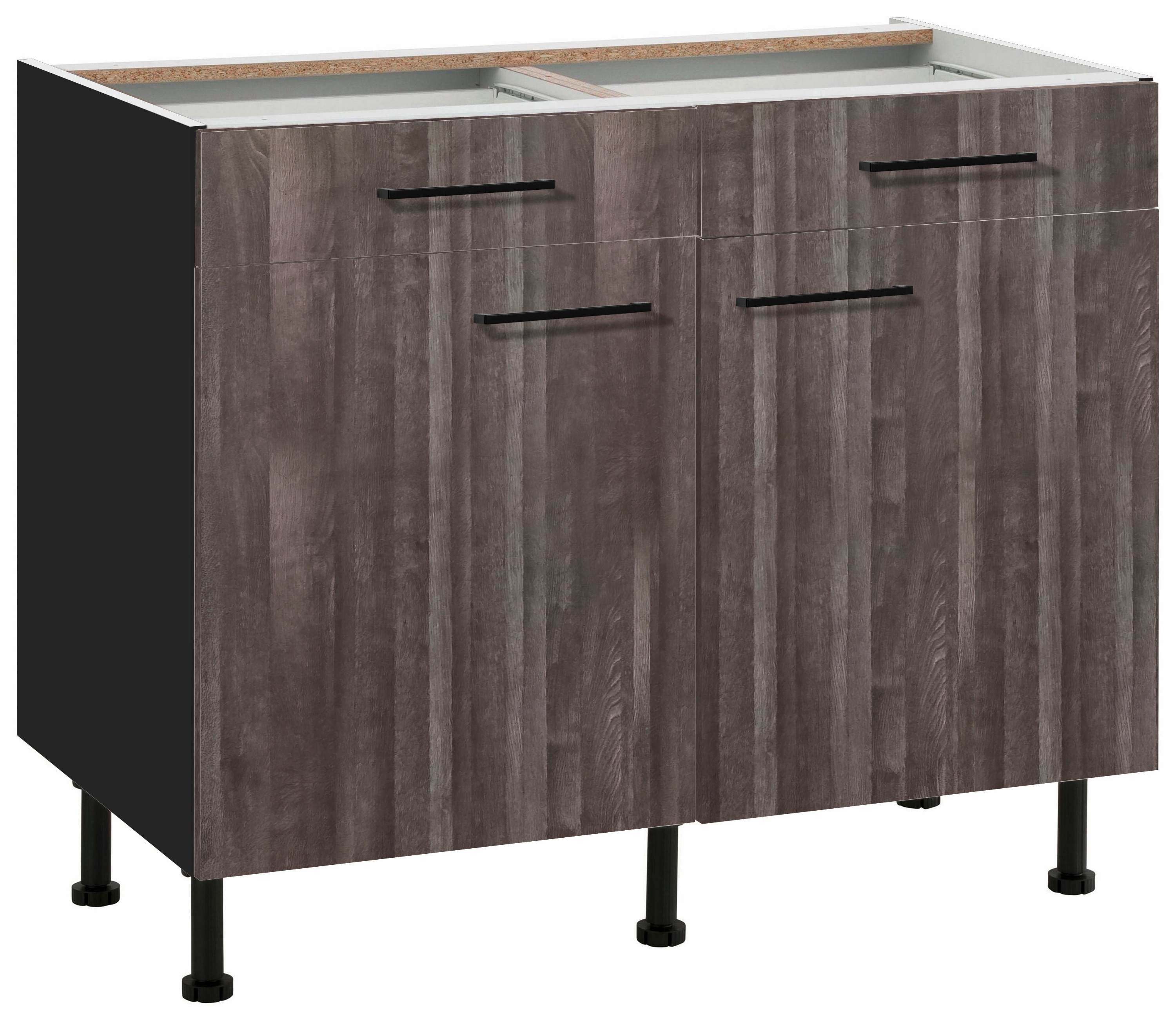 Unterschrank WIHO KÜCHEN "Nisos", braun (front: aberdeen dunkel, korpus: schwarz), B:100cm H:86,5cm T:58cm, Schränke, Unterschrank, 100 cm breit, Soft-Close in Schubladen, verstellbare Füße, ohne Platte