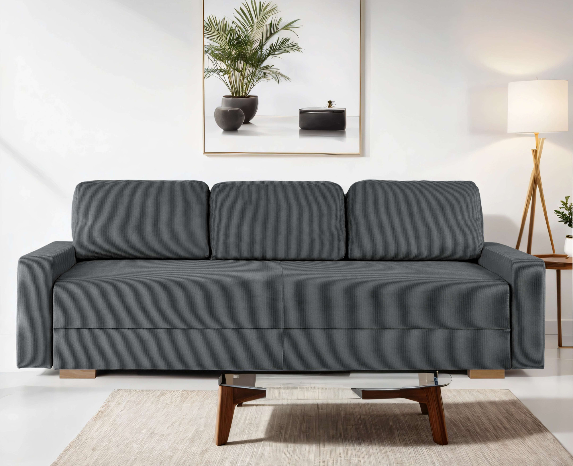 3-Sitzer HOME AFFAIRE "SHERIDIAN Schlafsofa mit Bettkasten, in Feincord & Velvet", grau (anthrazit), B:225cm H:80cm T:94cm, 100% Polyester, Sofas, mit Wellenunterfederung, moderne Bezüge, B/H/T 225/94/80