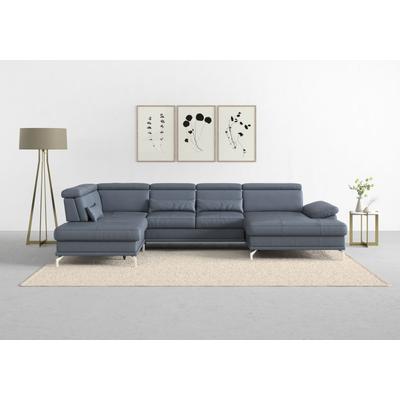 Wohnlandschaft SIT & MORE "Cabrio U-Form, mit Sitztiefenverstellung, Arm- und Kopfteilverstellung", blau (graublau), B:359cm H:87cm T:230cm, Sofas, 3 Nierenkissen, Federkern, optional Bettfunktion und Stauraum Image