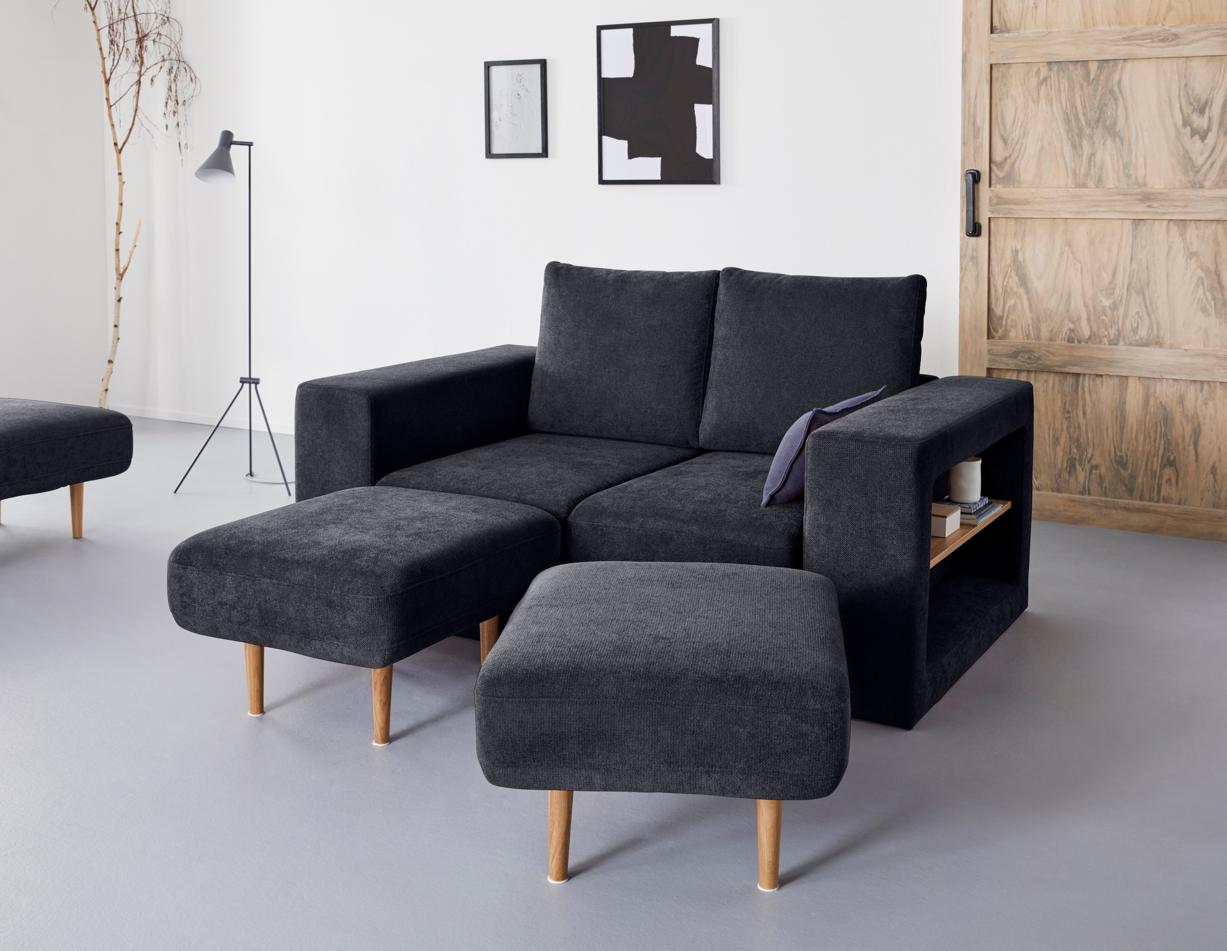2-Sitzer "Looksvb", blau (dunkelblau), B:172cm H:96cm T:107cm, LOOKS BY WOLFGANG JOOP, Sofas, Verwandlungssofa: aus Sofa wird Sofa mit 2 Hockern, mit Regalfunktion