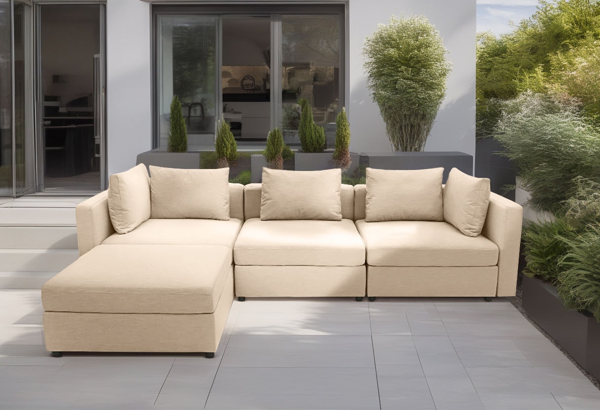Sofa-Eckelement DOMO COLLECTION "Solskin, individuell erweiterbar/kombinierbar", beige, B:110cm H:80cm T:96cm, 100% solution dyed Acryl, Polsterelemente, mit losen Kissen. Rücken- und Seitenteile als Stecksystem.