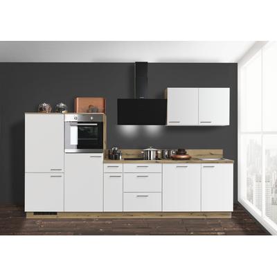 Küchenzeile KOCHSTATION "KS-Scafa, vormontiert, mit höhenverstellbaren Füßen", weiß (front: weiß, korpus: asteiche nachbildung, arbeitsplatte: asteiche nachbildung), B:320cm T:60cm, Komplettküchen-Sets, vormontiert, wahlweise mit E-Geräten, mit... Image