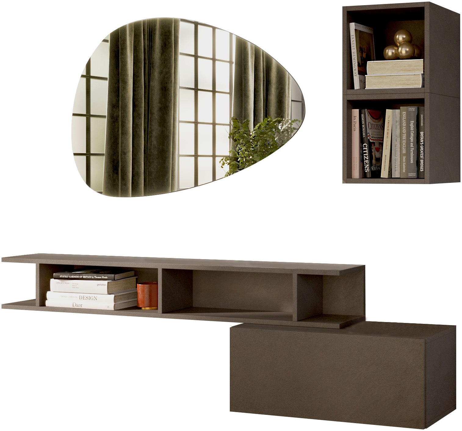 Garderoben-Set HOME AFFAIRE "Infinity, 4tlg. Breite 150 cm, Höhe variabel, moderne Garderobe", braun (bronzo), B:150cm H:180cm T:30cm, Kastenmöbel-Sets, (Hängeschrank, Wandregal, Würfelregal 2er Set, Spiegel) Diele, Flur