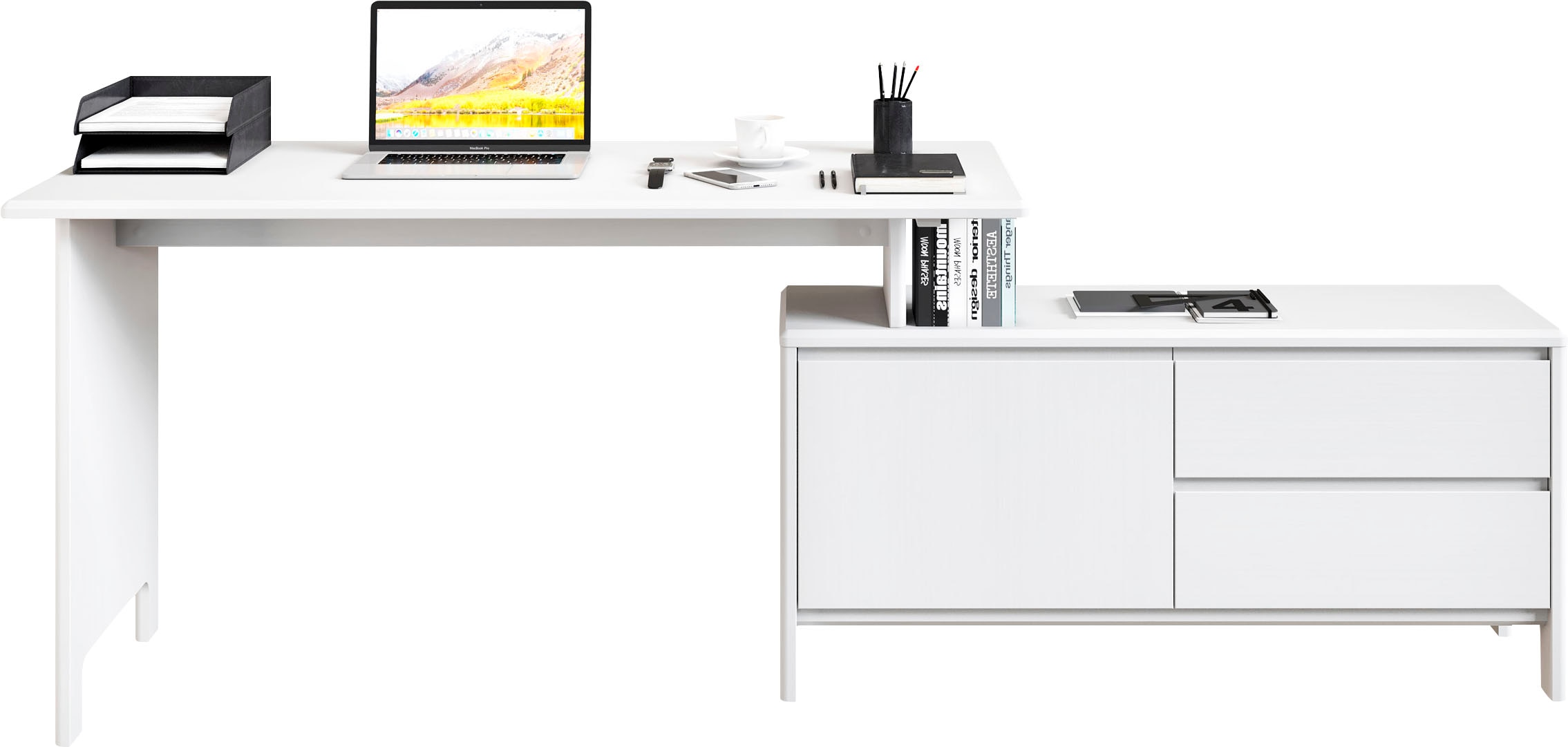 Schreibtisch HOME AFFAIRE "Luven, aus Massivholz", weiß, B:140cm H:76cm T:60cm, Tische, in 2 Breiten, variable Nutzung als Schreibtisch oder Eckschreibtisch