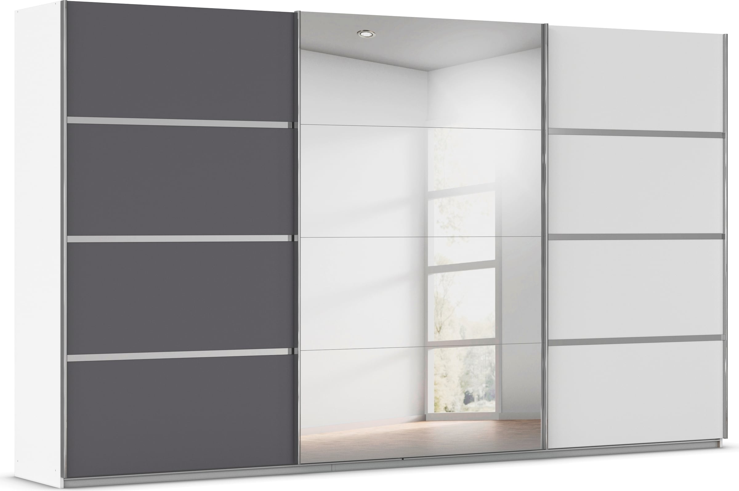 Kleiderschrank RAUCH "Schwebetürenschrank OTTO´s Choice Garderobe Schrank TOP ANGEBOT Avola", weiß (alpinweiß, graumetallic, leisten chrom), B:360cm H:229cm T:62cm, Holzwerkstoff, Schränke, Kleiderschrank, mit eleganten Zierleisten in Chrom, Schwarz...