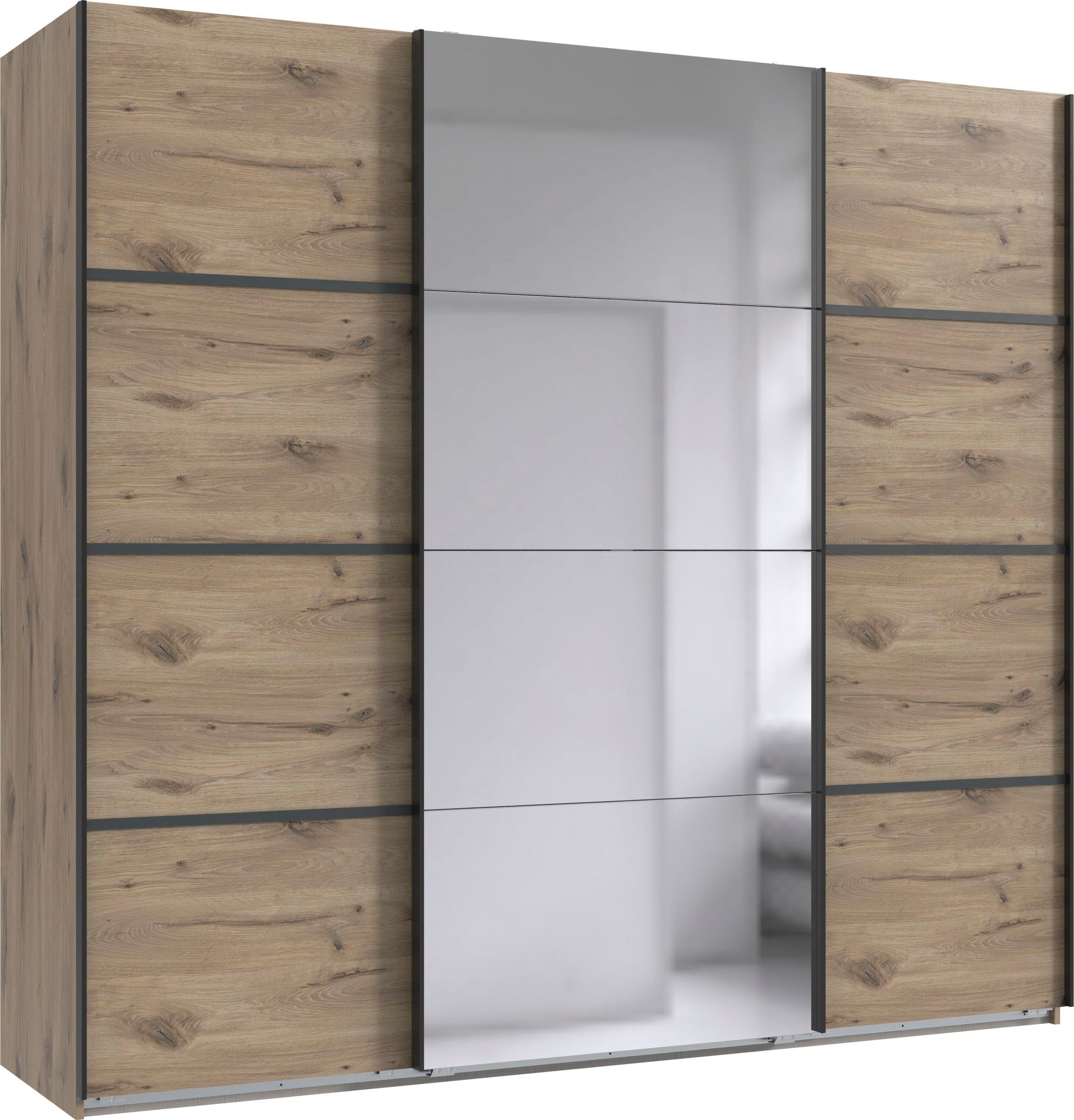 Schwebetürenschrank WIMEX "Jork Kleiderschrank mit Spiegel, schwarze Metallgriffe", braun (viking, oak, nachbildung, abgesetzt graphit), B:225cm H:208cm T:65cm, Holzwerkstoff, Spanplatte, Schränke, Schwebetürenschrank, Schrank in verschiedenen...