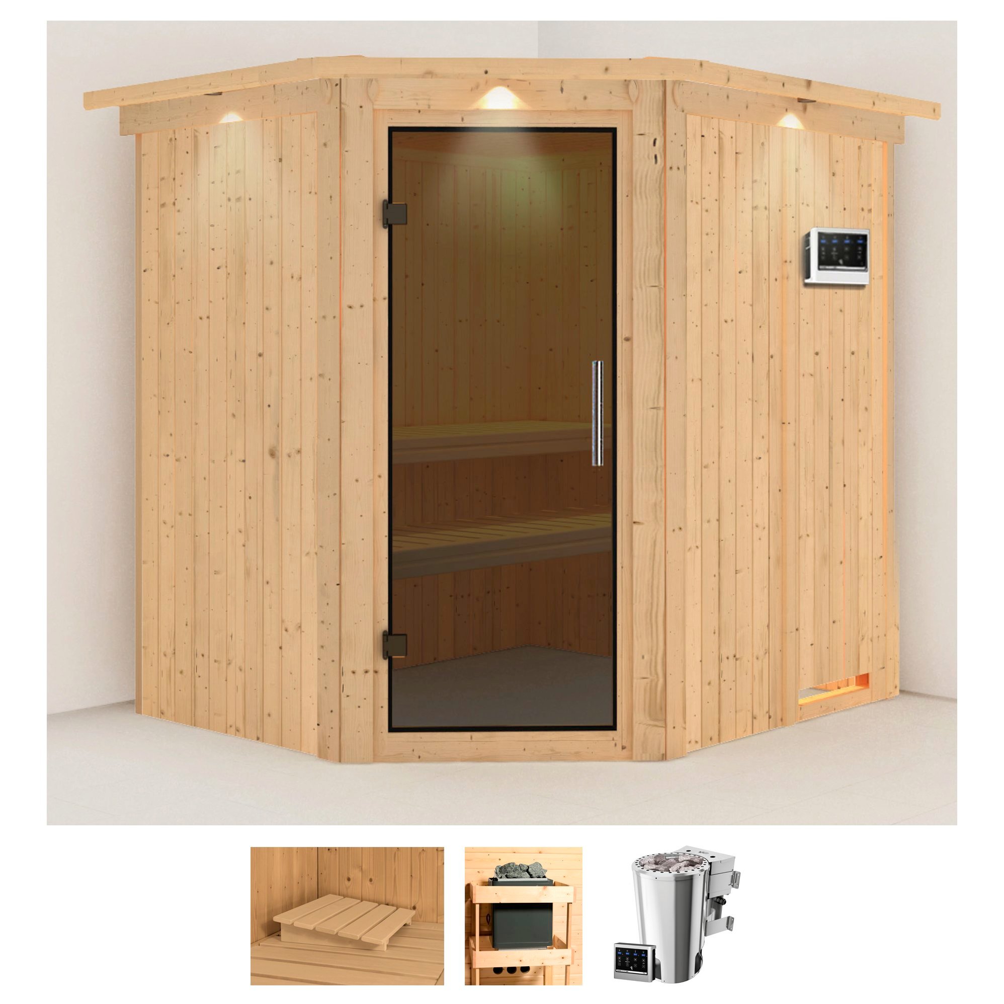 Sauna KARIBU "Laila", beige (naturbelassen), Bio-Kombiofen, externe Steuerung, 3,6 kW, Saunen, 3,6-kW-Bio-Plug & Play Ofen mit externer Steuerung