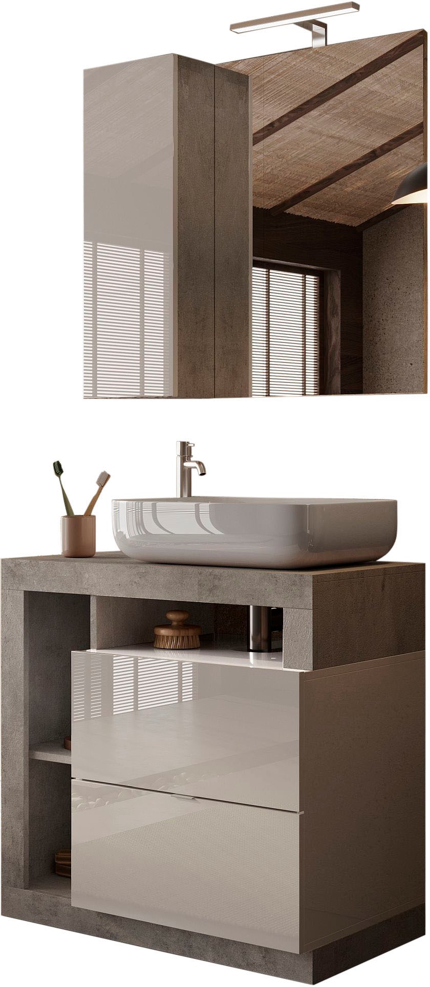 Badmöbel-Set WELLTIME "Hamburg, Badezimmerset 2tlg. Breite 79 cm, Badmöbel, Waschtisch inkl.", weiß (weiß, beton, optik), B:79cm H:190cm T:49cm, Kastenmöbel-Sets, Badmöbel-Set, Waschbecken, Spiegelschrank mit LED Aufbauleuchte, Soft-Close-Funktion