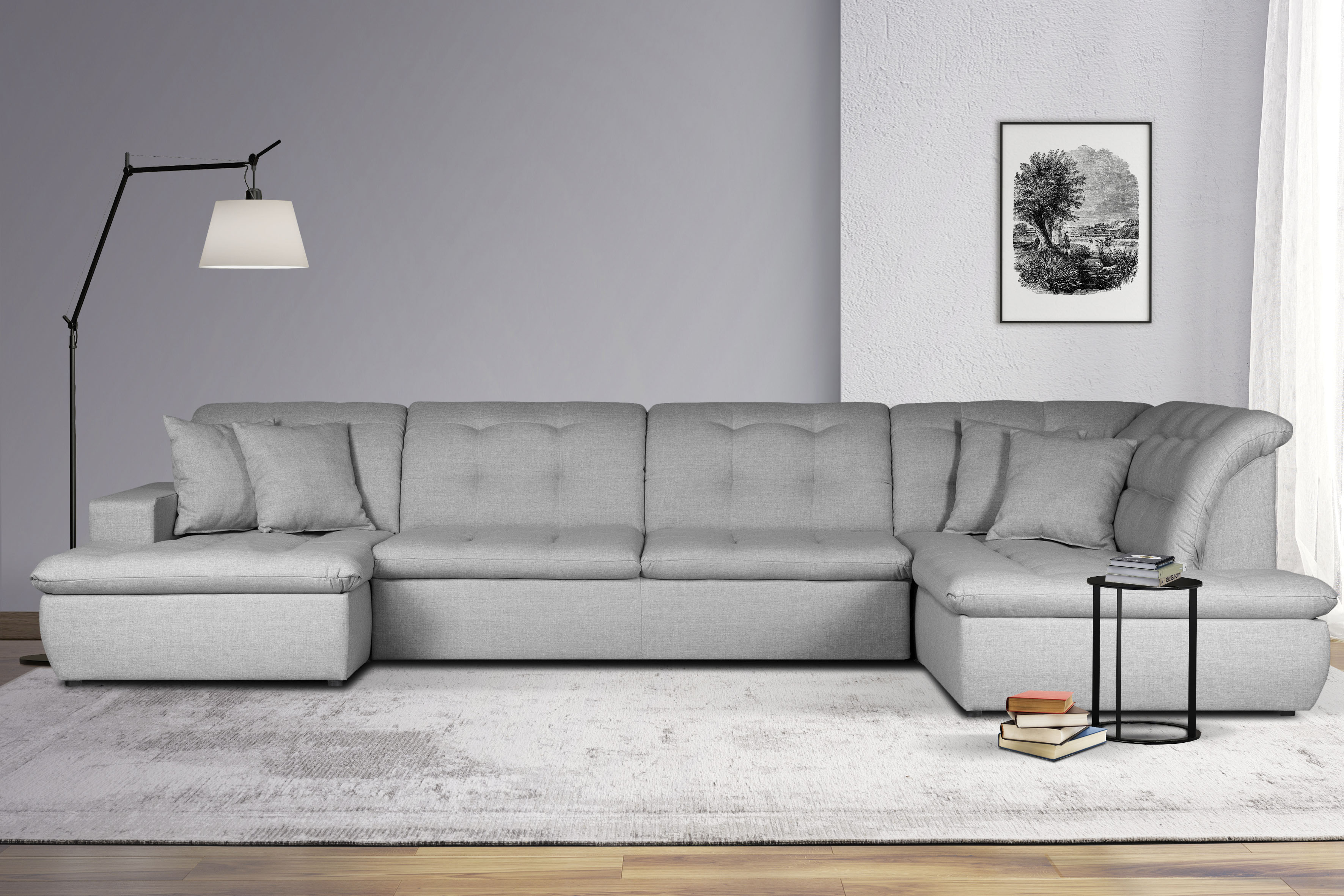 Wohnlandschaft HOME AFFAIRE "BRISBANE NEU U-Form", grau (hellgrau), B:380cm H:83cm T:202cm, 100% Polyester, Sofas, Wohnlandschaft, mit feiner Steppung, Matten-Optik, incl. Zierkissen