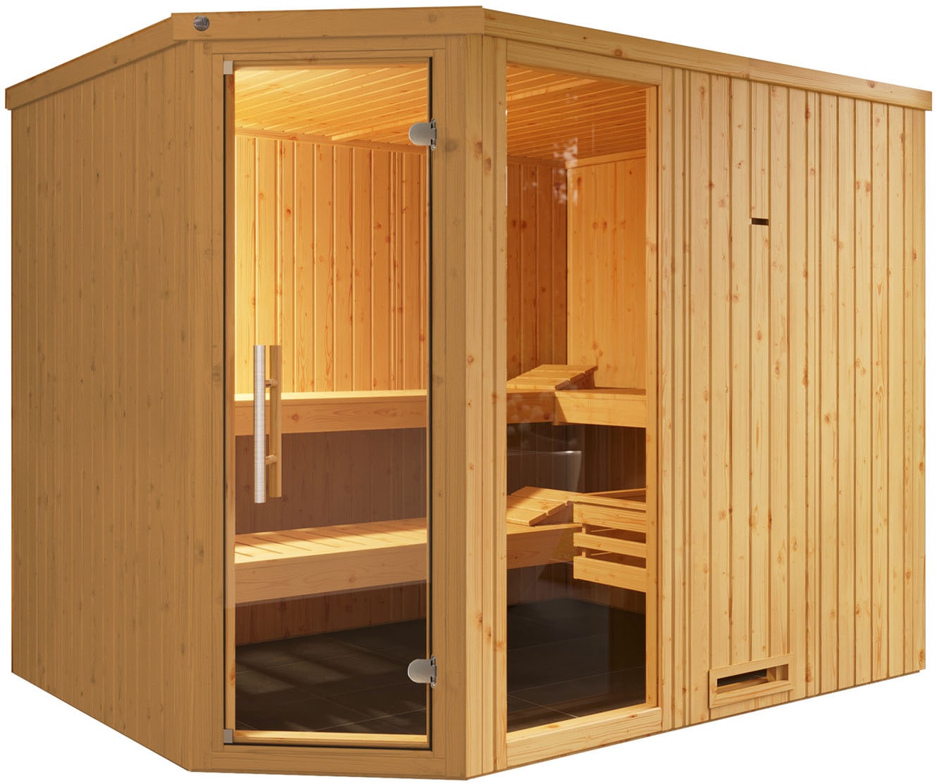 Sauna WEKA "Element-Ecksauna VARBERG 4", beige (natur), Saunaofen, externe Steuerung, 9 kW, Saunen, vorgefertigte Elemente, Fensterelement, moderne Ganzglastür