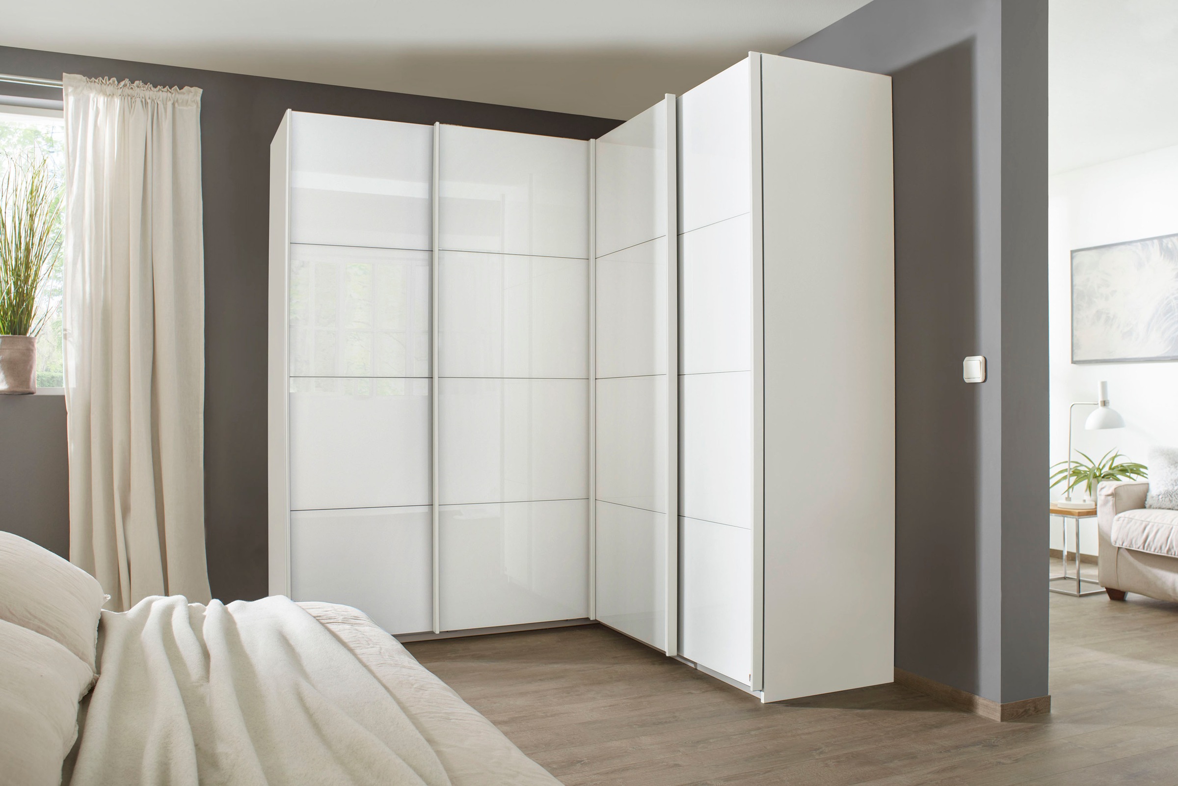 Schwebetürenschrank RAUCH "Quadra", weiß (alpinweiß, hochglanz weiß), B:181cm H:229cm T:187cm, Holzwerkstoff, Schränke, Eckschrank inkl. Türendämpfer und Schubladeneinsatz