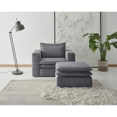 Sitzgruppe PLACES OF STYLE "PIAGGE", grau (anthrazit), B:110cm H:83cm T:161cm, Sitzmöbel-Sets, Sessel mit Hocker Polstersessel, Hochwertiger Cord, Sessel und Hocker klein im Set Image