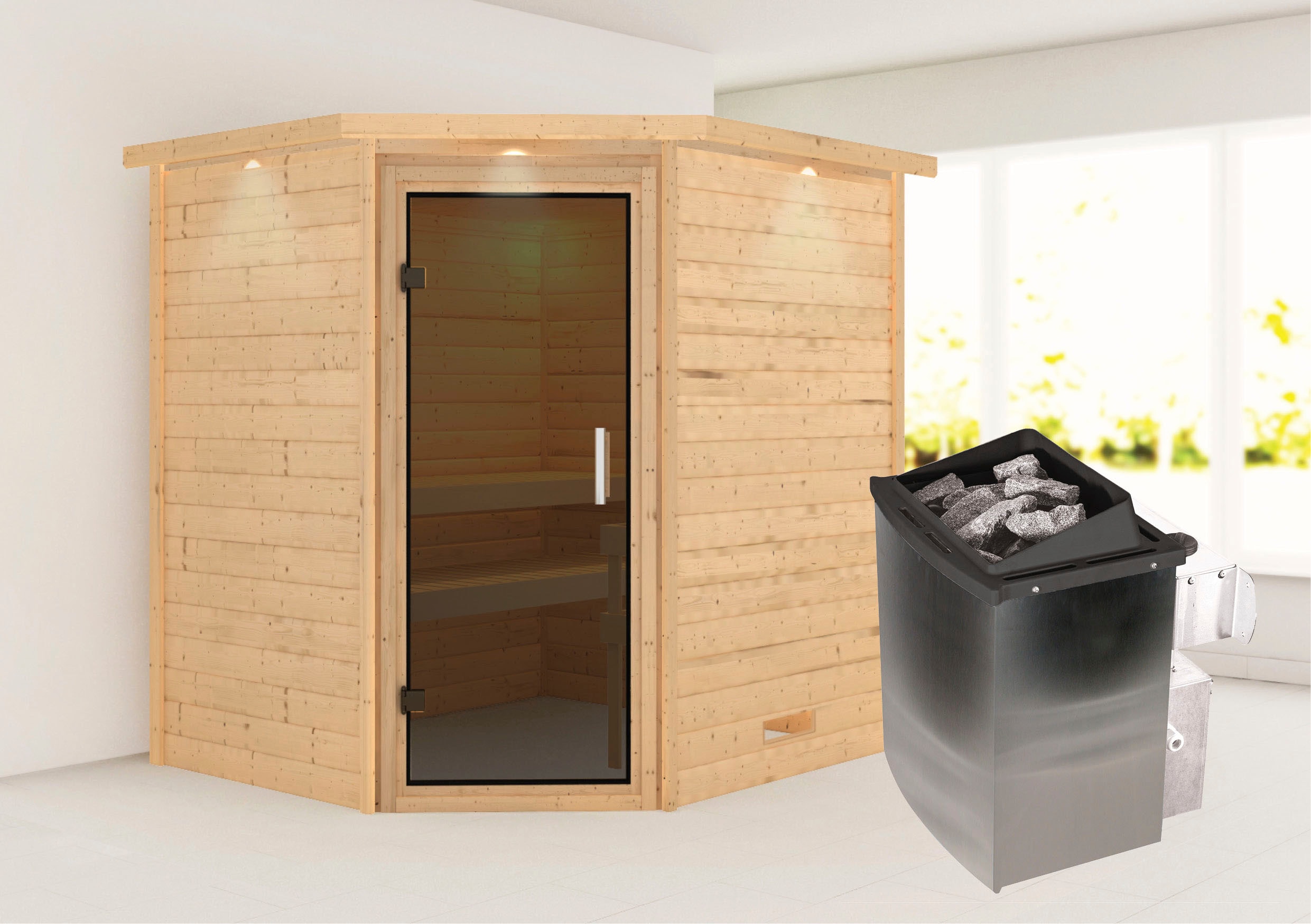 Sauna KARIBU "Mia (Fronteinstieg)", beige (naturbelassen), (ohne Ofen), Saunen, Ofen 9 kW integr. Strg