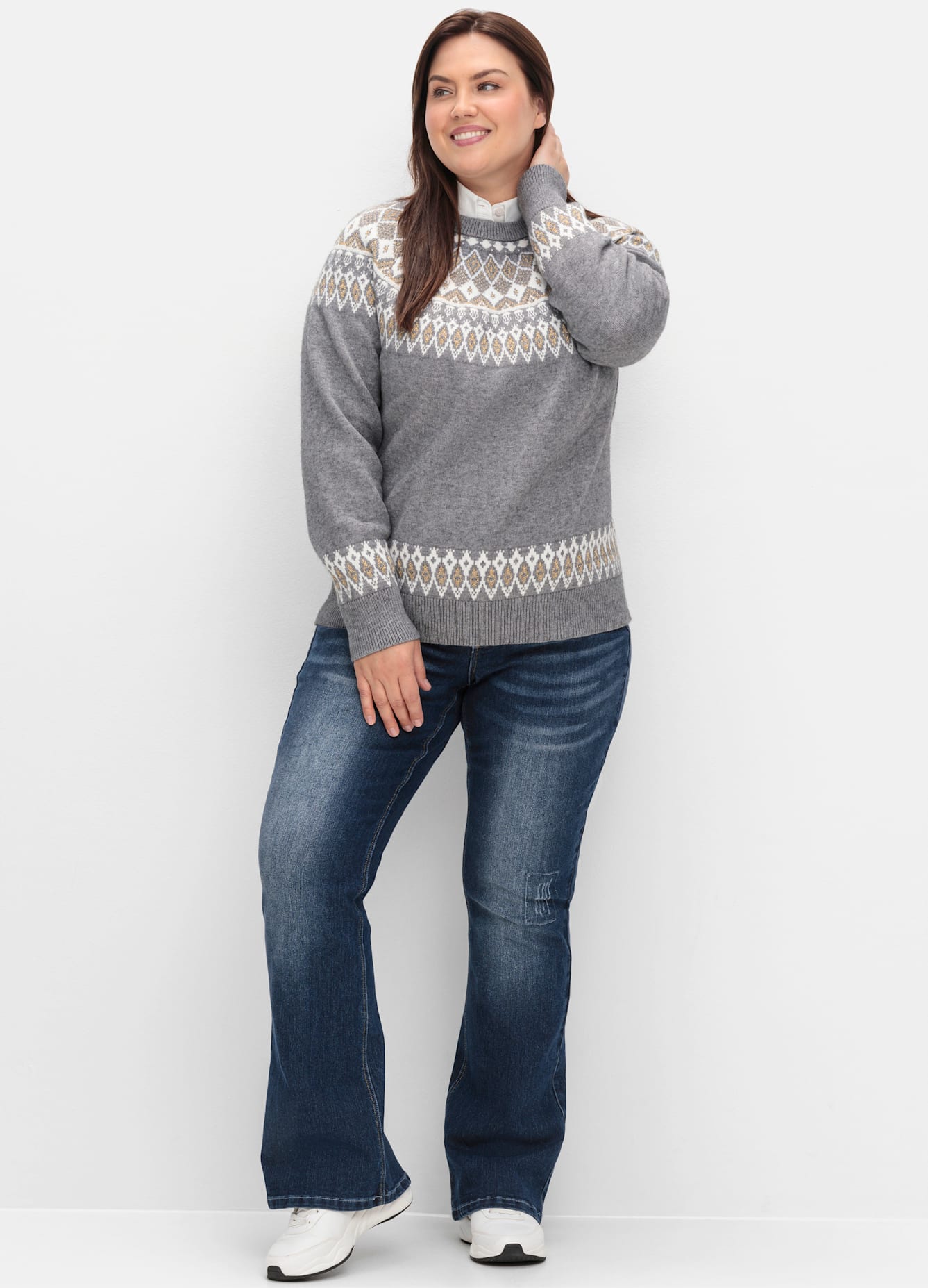 Jacquardpullover SHEEGO BY JOE BROWNS "Strickpullover", Damen, Gr. 40/42, grau (grau meliert), 47% Viskose, 29% Polyester, 21% Polyamid, 3% Elasthan, gemustert, mehrfarbig, Pullover